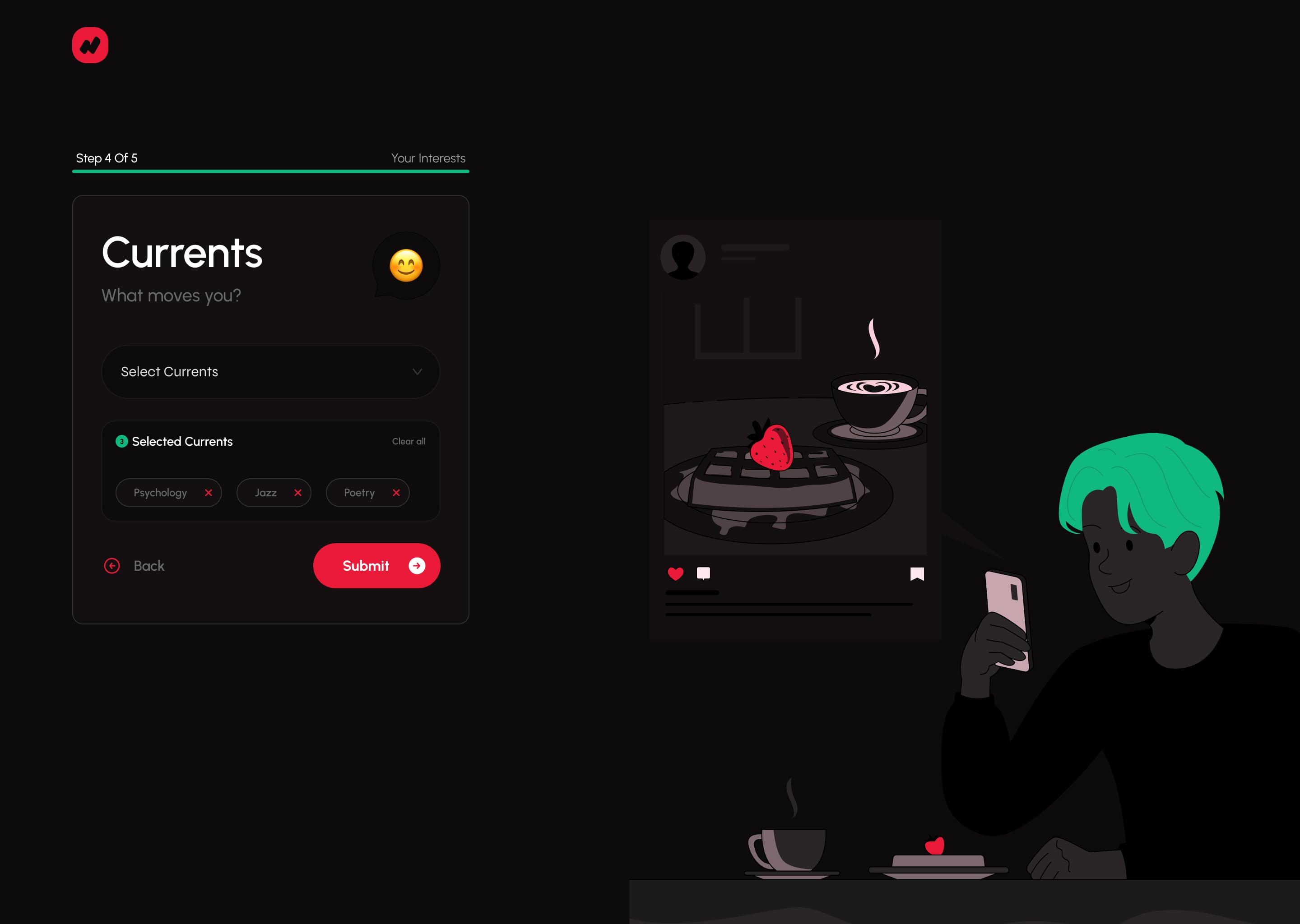 Nakupenda Currents selection screen showing interest choices during onboarding